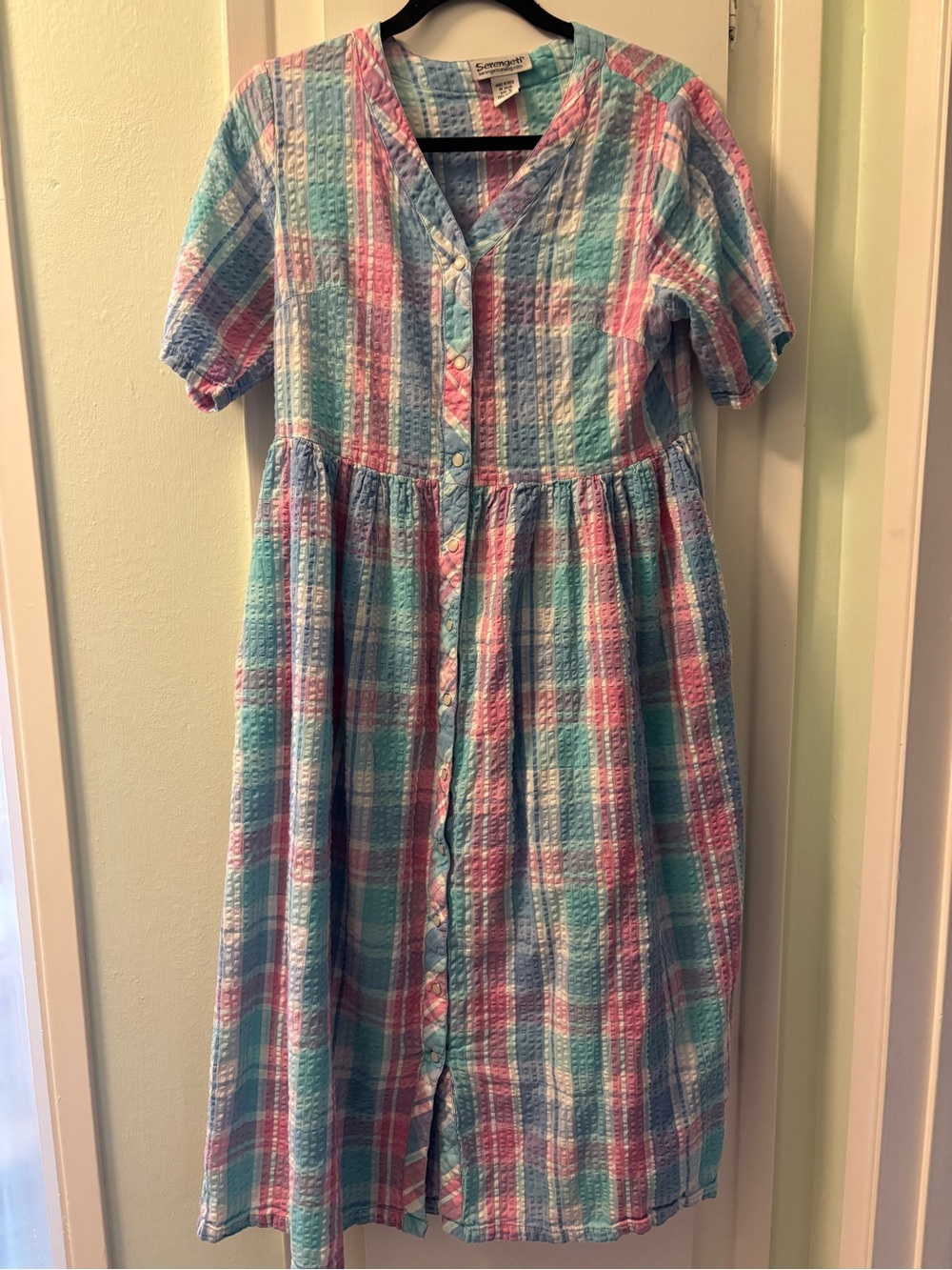 Vintage Cotton Seersucker Button-Front Gingham Dress Blue Pastel Plaid Serengeti